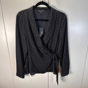 NWT Adrianna Papell Womens Lg Black Polka Dot Long Wrap Blouse Quiet Luxury Chic